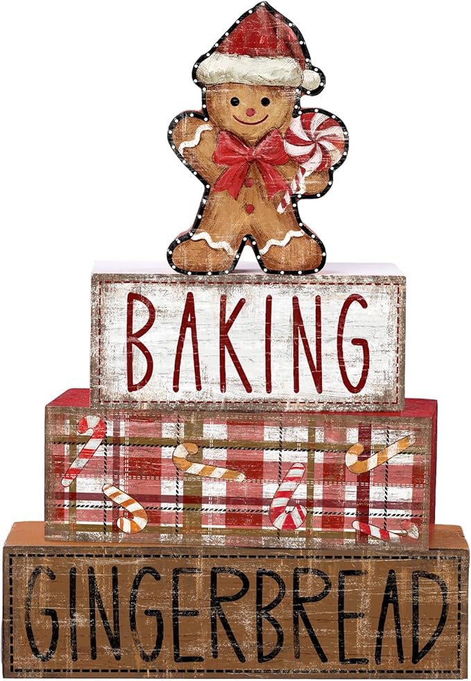 DIYDEC 4Pcs Christmas Table Decoration Gingerbread Man Wooden Block Sign Christmas Tiered Tray Decor Centerpiece Decorative Sign for Xmas Holiday Tabletop Coffee Fireplace Shelf Desk Party Decor
