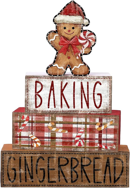 DIYDEC 4Pcs Christmas Table Decoration Gingerbread Man Wooden Block Sign Christmas Tiered Tray Decor Centerpiece Decorative Sign for Xmas Holiday Tabletop Coffee Fireplace Shelf Desk Party Decor