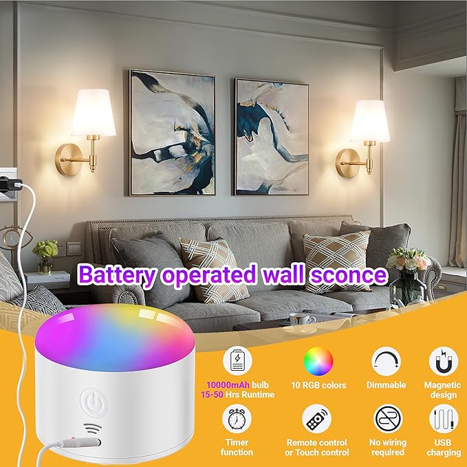 Battery Operated Wall Sconces Set of Two, Rechargeable Wireless Wall Lights with 10000mAh RGB Dimmable Detachable Bulb, Battery Sconces Wall Decor with Remote for Bedroom Living Room Hallway