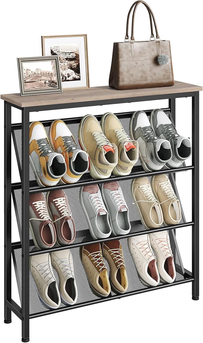 Shoe Rack, 4-Tier Slanted Shoe Storage Shelf, Narrow Shoe Rack for Entryway, Shoe Organizer with Adjustable Feet, Slim Shoe Shelf with Wooden Top and Metal Frame, Greige and Black TXJ75BG