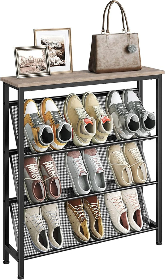 Shoe Rack, 4-Tier Slanted Shoe Storage Shelf, Narrow Shoe Rack for Entryway, Shoe Organizer with Adjustable Feet, Slim Shoe Shelf with Wooden Top and Metal Frame, Greige and Black TXJ75BG