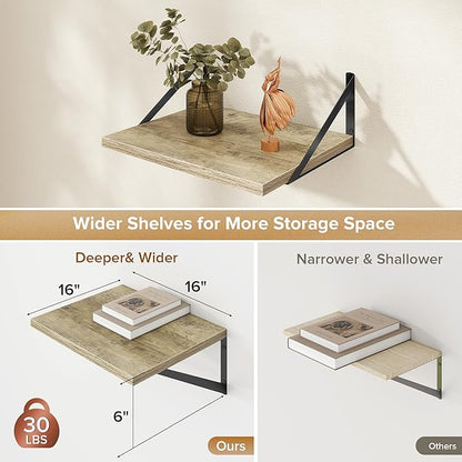 Deep Floating Shelves Wall Mounted, 16"x12" Gray Wall Shelves with Brackets Set of 2 for Bedroom, Living Room, Bathroom, Kitchen, Office - Storage & Display Shelf for Decor, Books, Plants