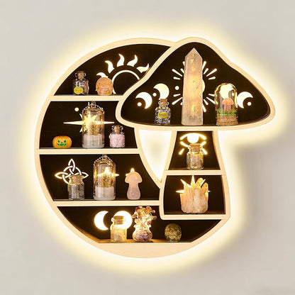 Crescent Moon Shelf with LED Light, Wooden Mushroom Shelf for Crystals Rocks Gems Healing Stones, Trinket Knick Knack Bohomian Witchy Wiccan Shelves Wall Mounted