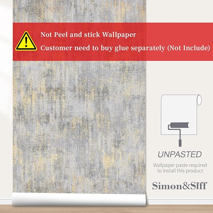 Simon&Siff Textured Wallpaper Distressed Concrete Wallpaper 17.3in x 39.4ft White/Gold/Gray Metallic Modern Wall Paper Non Woven Neutral for Bedroom Traditional Wall Paper Need Adhesive