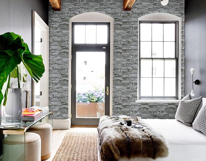 Timeet 17.7" x 393" 3D Grey Stone Wallpaper Peel and Stick Brick Self Adhesive Wall Paper Removable Waterproof Contact Paper for Bedroom Living Room Decor Vinyl Film Roll
