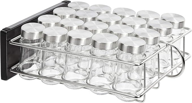 Amazon Basics 20 Jars Spice Rack Organizer, Space-Saving Kitchen Organizer with Glass Spice Jars, Sturdy, Silver