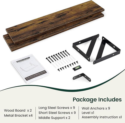 Floating Shelves, 8 Inch Deep Rustic Wood Wall Storage, 36W x 8D Wall Shelves Set of 2, Heavy Duty Metal Brackets, Industrial Book Shelf for Living Room, Kitchen, Bathroom, Bedroom, Brown
