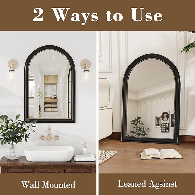 Axeman 24x36 Arched Wall Mirror, Decorative Bathroom Mirror, Traditional Vintage Wall Mounted Mirror with Beaded Frame for Accent Living Room Vanity Bedroom Entryway, Black