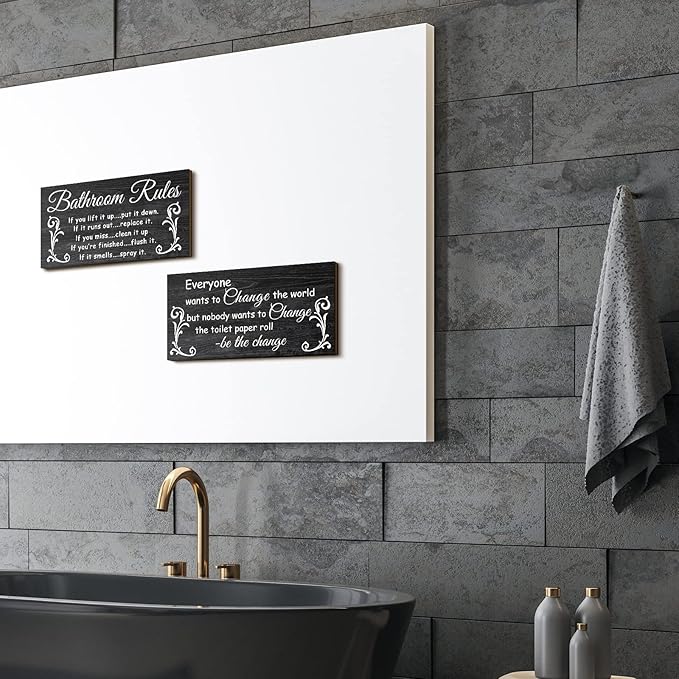 Jetec 2 Pieces Funny Bathroom Signs Bathroom Wall Decor Toilet Wall Accessories Farmhouse Toilet Rustic Wooden Signs, 12x6 Inch(Dark Style)