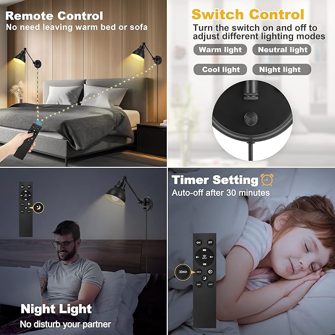 1 Pack Plug in Wall Sconce with Remote Control, Stepless Dimming & Stepless Colors 2700K-6500K, Plug in Wall Light, Swing Arm Wall Lamp with Night Light & Timer, LED Bulb Included