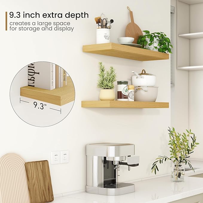 Fun Memories Floating Shelves 32 Inch Long, 9.3Inch Deep Floating Shelves for Wall, Extra Deeper & Thicker Wall Mounted Storage Shelf for Kitchen, Farmhouse, Oak, 2 Pack