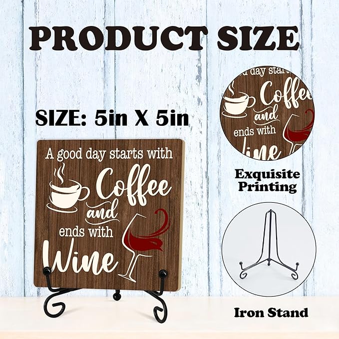 Coffee And Wine Desk Decor Sign, Rustic Wooden Sign With Stand, A Good Day Starts With Coffee And Ends With Wine Sign For Farmhouse Home Kitchen Bar Shelf Table, Gifts For Family Friend Coworker-02
