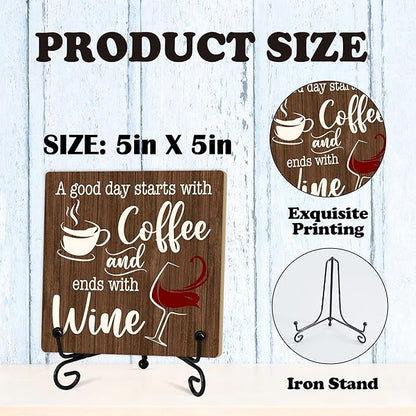 Coffee And Wine Desk Decor Sign, Rustic Wooden Sign With Stand, A Good Day Starts With Coffee And Ends With Wine Sign For Farmhouse Home Kitchen Bar Shelf Table, Gifts For Family Friend Coworker-02
