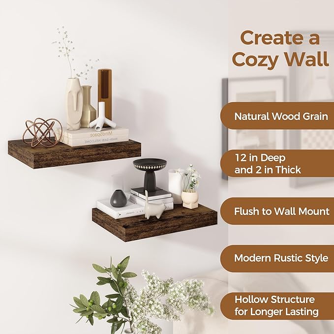 12 Inch Deep Floating Shelves, 16 x 12 Floating Shelf for Books, Rustic Wood Deep Wall Shelves for Home Storage & Display, 2
