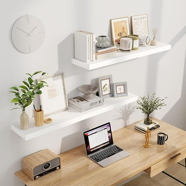 Fun Memories Floating Shelves, 9.3 Inch Deep Solid Pine Wood Wall Shelves for Storage, Rustic Wall Mounted Display Shelf with Invisible Heavy-Duty Metal Bracket, 55 Inch Width, White