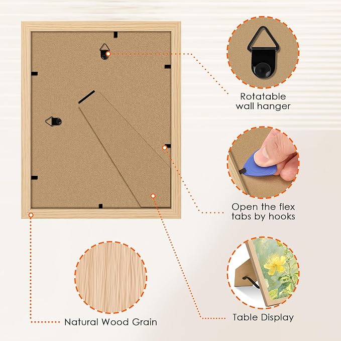 FIXSMITH 8x10 Picture Frame Bulk-4 Pack, Photo Frame with HD Plexiglass, Display Pictures 5x7 with Mat or 8x10 Without Mat, Natural Picture Frames Collage Wall Decor, Wall & Tabletop Picture Frames