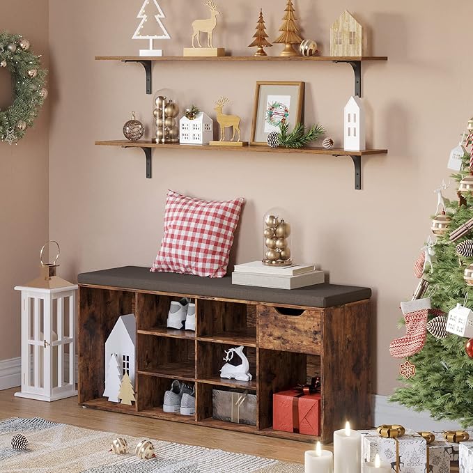 DINZI LVJ Long Wall Shelves, 47.3Inch Wall Mounted Shelves Set of 2, Extra Large Floating Storage Ledges with Sturdy Metal Brackets for Living Room, Bathroom, Bedroom, Kitchen, Rustic Brown