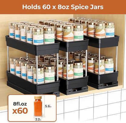 Pull Out Spice Rack Organizer for Cabinet, Slide Out Spice Racks Organizer, Easy to Install Spice Cabinet Organizers, 4.33''Wx10.62''Dx8.66''H, 3 Packs -2 Tiers (Black)