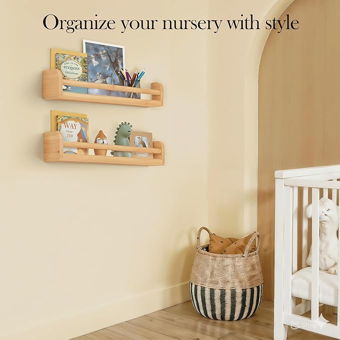 Floating Nursery Book Shelves, 16.5 inch Wall Book Shelves Kids Room, Set of 2 Baby Shelves for Nursery Décor, Ideal Wooden Nursery Shelves for Kids Room, Bedroom Bathroom and Kitchen (Natural Wood)