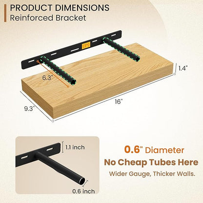 Fun Memories 16 Inch Floating Shelves for Wall, 9.3Inch Deep Floating Shelf, Extra Deeper & Thicker Wall Mounted Storage Shelf for Kitchen, Farmhouse, Oak, 2 Pack