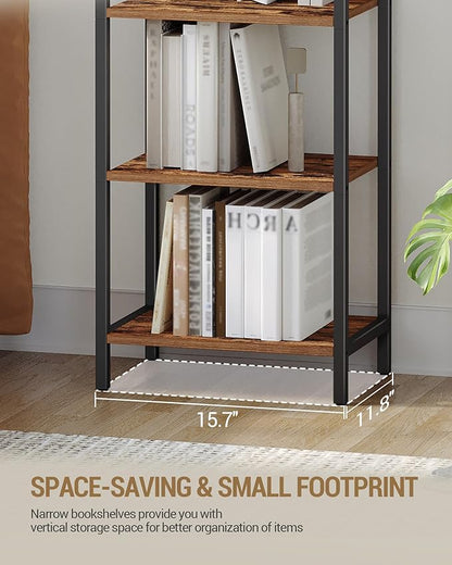 Bookshelf Narrow Bookcase, Tall Storage Rack with Steel Frame, Display Standing Shelf Unit, Skinny Book Shelf for Study Living Room Home Office, Industrial Style, 6-Tier Rustic Brown BC56401B