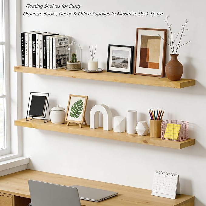 BBE 60 Inch Long Wooden Floating Book Shelves for Room Wall，Heavy Duty Floating Solid Wood Wall-Mounted Shelves with Invisible Bracket for Living Room Bedroom Kitchen Home Display Storage,Set of 2