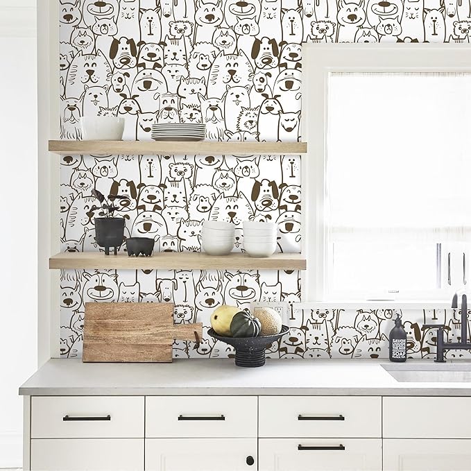 Peel and Stick Wallpaper Modern Brown and White Wallpaper Dog Animal Contact Paper Textured Self Adhesive Removable Wall Paper for Nursery Kids Room Shelf Liner Vinyl Roll 78.7"x17.3"