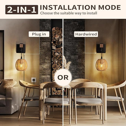 N01 Plug in Dimmable Wall Sconces Hanging Boho Rattan Wall Lamp Farmhouse Stepless Wall Sconce Woven Wall Lamp Hardwired Wall Lights for Living Room Bedroom Bedside Hallway (Bulb Included)