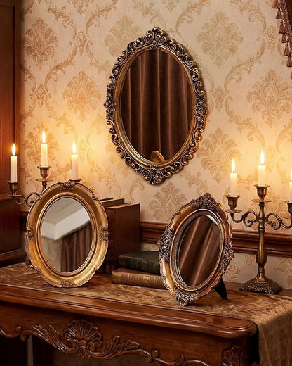3 Styles Vintage Gold Mirror Set Wall Decorative, Vintage Wall Mirror Antique Hanging and Tabletop with Stand for Living Room Bedroom Dresser, Classic Home Wedding Decor(Retro Style)