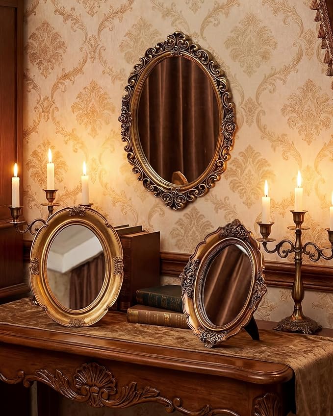 3 Styles Vintage Gold Mirror Set Wall Decorative, Vintage Wall Mirror Antique Hanging and Tabletop with Stand for Living Room Bedroom Dresser, Classic Home Wedding Decor(Retro Style)