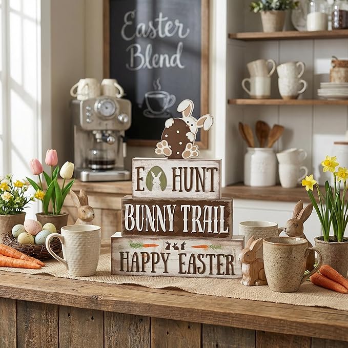 Easter Decorations, 4 Pcs Wooden Easter Table Decorations, Rustic Bunny Tiered Tray Decor, Wooden Table Sign for Desk Shelf Mantel Coffee Bar, Indoor Home Decor