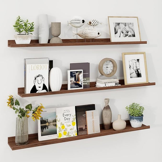 Axeman 48 Inch Floating Shelves | Walnut Picture Ledge Shelf Set of 3 | Rustic Wood Wall Shelves with Lip | 48" Walnut Picture Shelf for Wall with Ledge | Photo Shelves