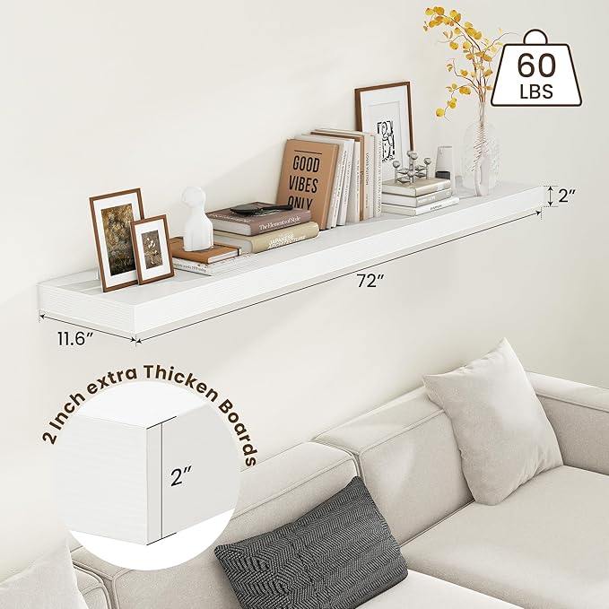 72 Inch White Floating Shelf | 12 Inch Deep Floating Shelves Set of 1 | 72