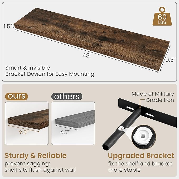 Fun Memories 48 Inch Floating Shelves, 9.3 Inch Deep Wall Shelves for Bathroom, Living Room, Bedroom, Kitchen, Deep Long Shelf Wall Mounted 2 Pack Shelf for Books, Decor, Rustic Brown