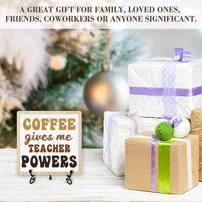Coffee Sign Desk Decor, Coffee Gives Me Teacher Powers Sign With Iron Stand, Teacher Appreciation Gifts, Wood Plaque Gifts For Teacher -52