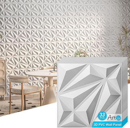 Art3d 33-Pack 3D Wall Panel for Interior Wall Décor, Diamond Textured PVC Accent Wall Paneling for Living Room Bedroom Office TV Wall Background, 11.8"x11.8" Cover 32.Sq.Ft., White