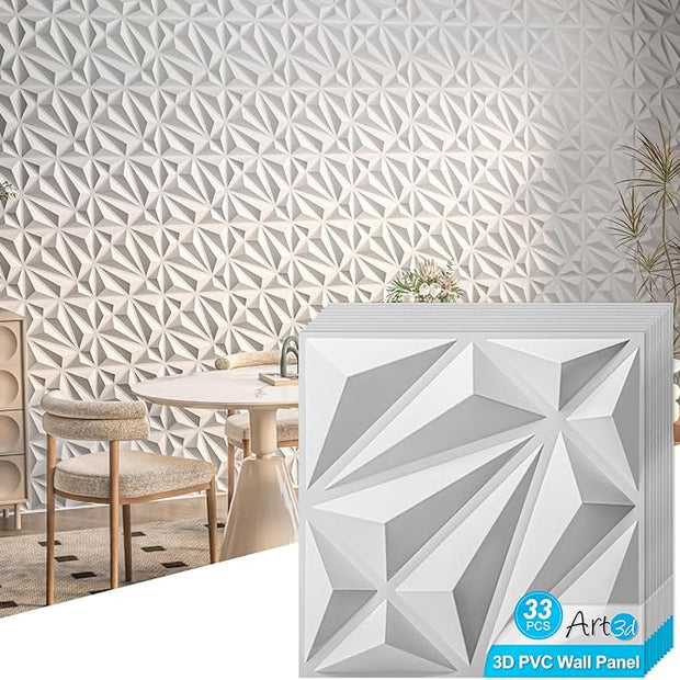 Art3d 33-Pack 3D Wall Panel for Interior Wall Décor, Diamond Textured PVC Accent Wall Paneling for Living Room Bedroom Office TV Wall Background, 11.8"x11.8" Cover 32.Sq.Ft., White