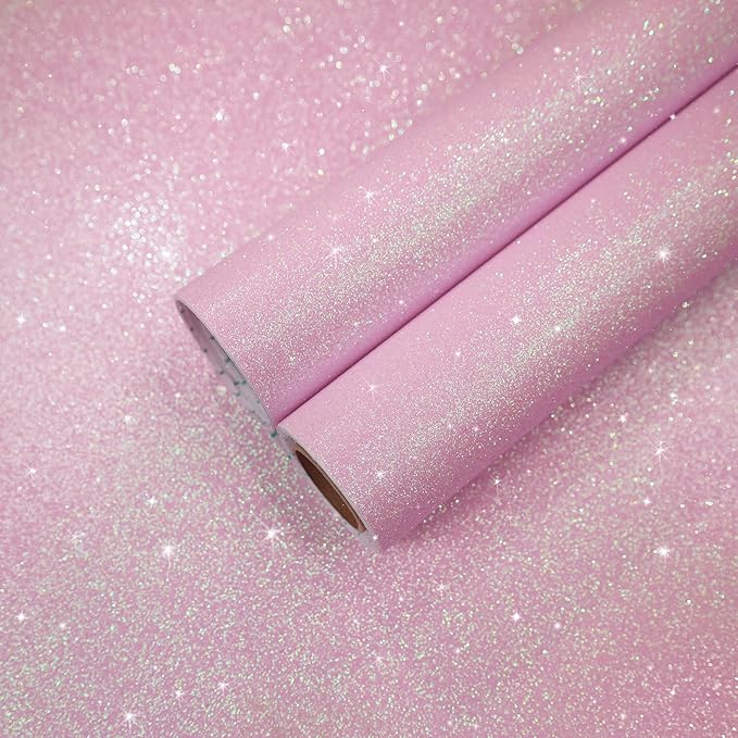 CHIHUT Pastel Pink Holographic Glitter Wallpaper for Girls Bedroom 15.7''x236'' Sparkly Iridescent Peel and Stick Contact Paper Self Adhesive Removable Shimmering Fabric Wrap for Walls Furniture Decor