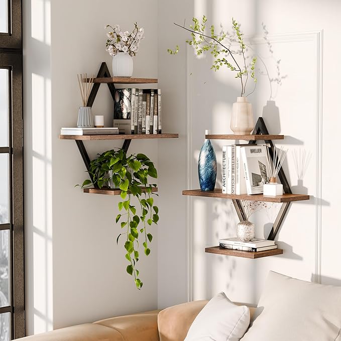 Floating Shelves, Wall Shelf Set of 2, Wall Mounted Shelves, 3-Tier Hanging Wall Shelves for Bathroom, Living Room, Bedroom, Kitchen, Office (Rustic Brown)