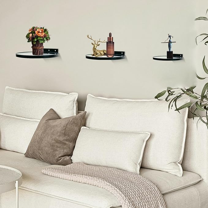 Cityelf Floating Shelves Wall Mounted Wall Decor Iron Glass Hanging Shelf Home Decor Set of 3 Display Ledge Shelves for Living Room Bedroom Office-Black