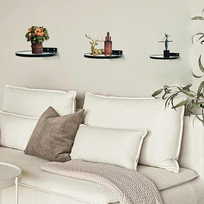Cityelf Floating Shelves Wall Mounted Wall Decor Iron Glass Hanging Shelf Home Decor Set of 3 Display Ledge Shelves for Living Room Bedroom Office-Black