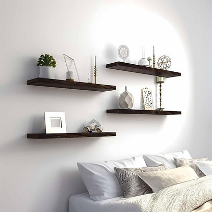 24 Inch Brown Wood Floating Shelves for Wall Rustic Wall Shelf for Bedroom Living Room Set of 4
