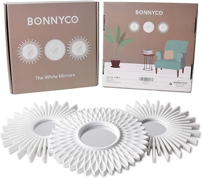 BONNYCO Wall Mirrors Pack of 3, Round White Mirrors for Home Decor, Bedroom and Room. Espejos Decorativos de Pared Sala Dormitorio, Circle Wall Decor Minimalist Vintage, Chic. Gifts for Women Mums