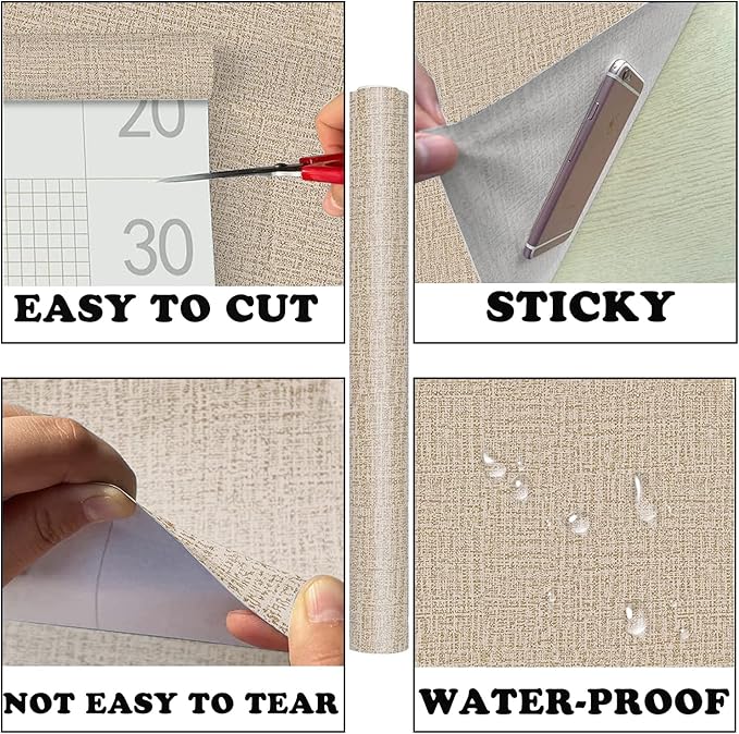Yancorp 32.8ft Textured Fabric Wallpaper - Khaki Faux Grasscloth Peel and Stick Self-Adhesive Linen - Removable for Cabinets and Counter Top Liners
