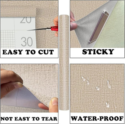 Yancorp 32.8ft Textured Fabric Wallpaper - Khaki Faux Grasscloth Peel and Stick Self-Adhesive Linen - Removable for Cabinets and Counter Top Liners