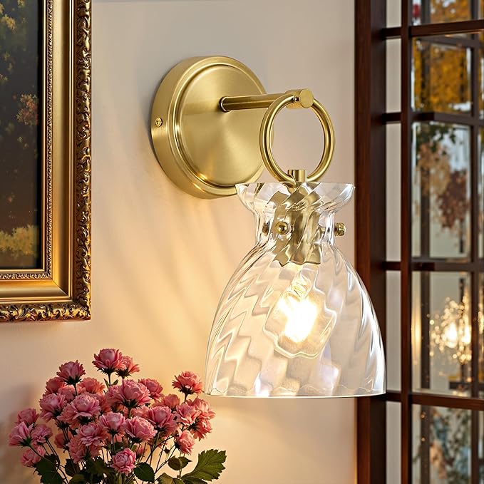 Wall Sconce 1-Light Hardwired Wall Mount Modern Farmhouse Vanity Light Fixtures with 6 Inch Clear Striped Glass Shade, Gold Wall Lights for Bathroom, Bedroom, Living Room, Mirror, Kitchen