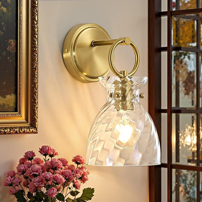 Wall Sconce 1-Light Hardwired Wall Mount Modern Farmhouse Vanity Light Fixtures with 6 Inch Clear Striped Glass Shade, Gold Wall Lights for Bathroom, Bedroom, Living Room, Mirror, Kitchen