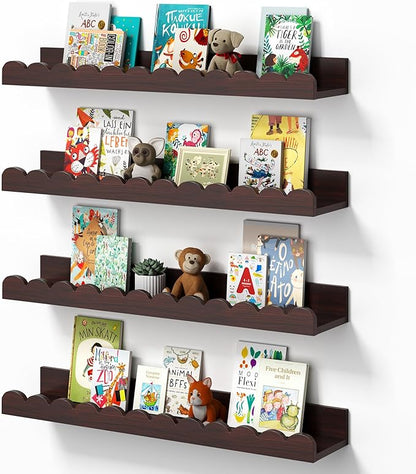 Walnut Scalloped Book Shelf, Dark Wood Nursery Book Shelves Set of 4 Pine Wooden Floating Bookshelf for Wall Cloud Picture Ledge Shelf for Kids Bedroom Baby Child Toddler Room Kitchen (40cm)