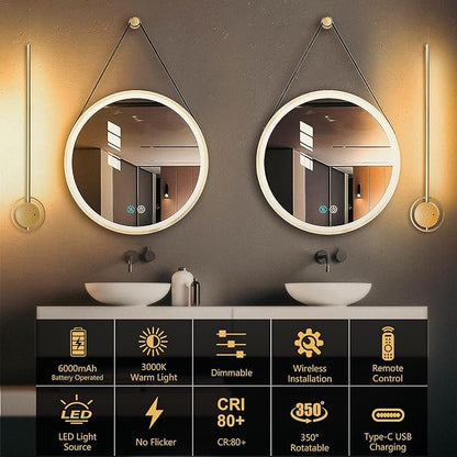 Wireless Wall Sconces Set of Two, 23.6" Rechargeable Art Display Light, 3 Color Temperature Dimmable with 350° Rotation Wireless Lights for Living Room Bedroom Hallway Gallery Art Frame-Brass