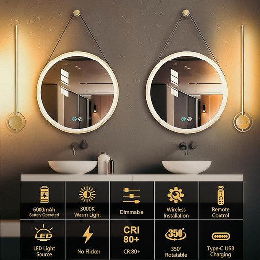 Wireless Wall Sconces Set of Two, 23.6" Rechargeable Art Display Light, 3 Color Temperature Dimmable with 350° Rotation Wireless Lights for Living Room Bedroom Hallway Gallery Art Frame-Brass